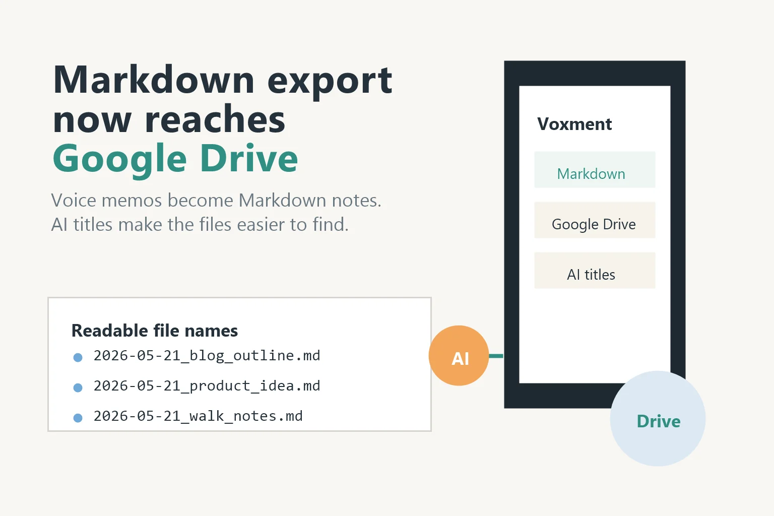 Voxment screens for recordings, Markdown export, and transcription settings