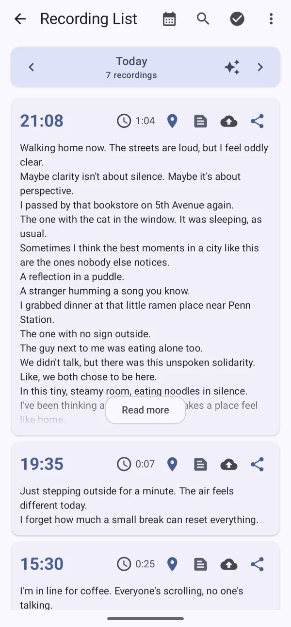Searchable English transcripts in the Voxment recording list